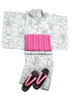YUKATA set, white 4 her, with OBI and GETA