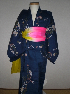 YUKATA and OBI for girls, age 3~4, dragonfly/blue